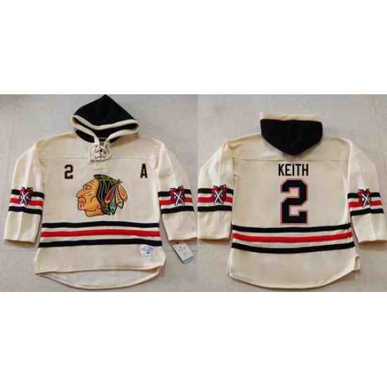 Men Chicago Blackhawks 2 Duncan Keith Cream Heavyweight Pullover Hoodie Stitched NHL Jersey